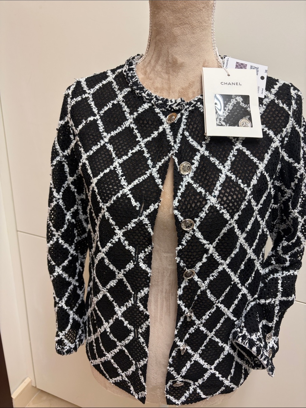 CHANEL Black and White Lattice Tweed Blazer
